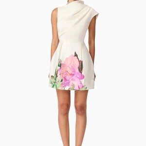 Elliatt Asymmetrical White Dress with Pink Floral Design